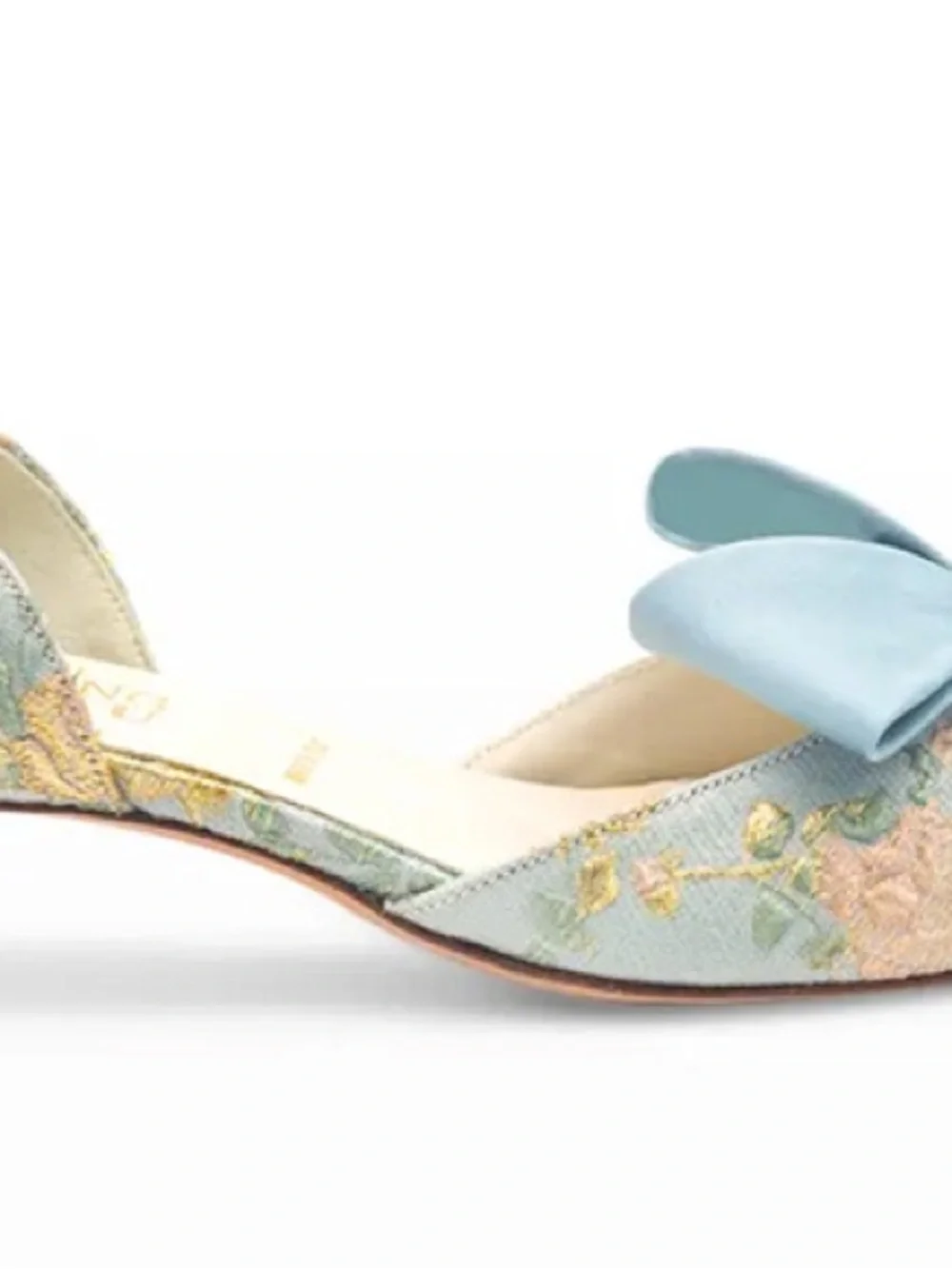 XYD Embroidered Satin D'Orsay Heels in Silver and Blue with Bow